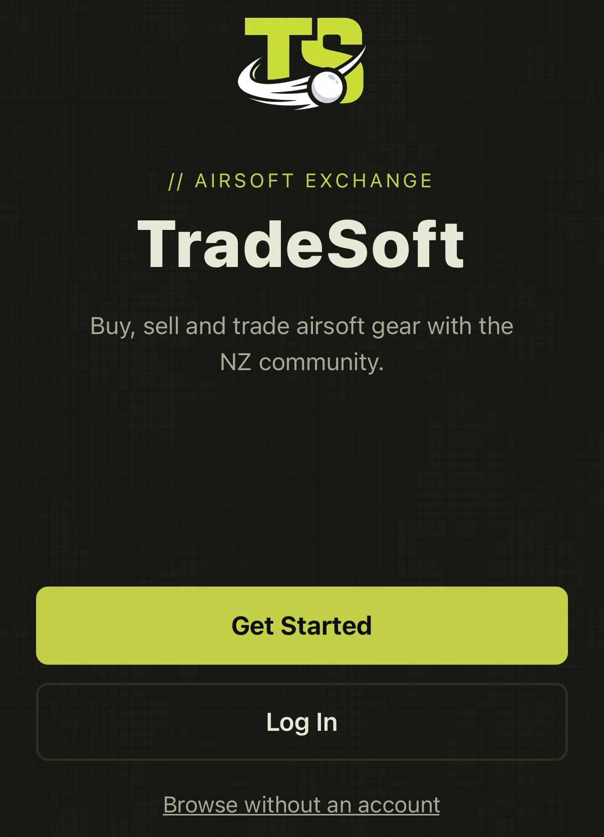 TradeSoft welcome screen with a Get Started button