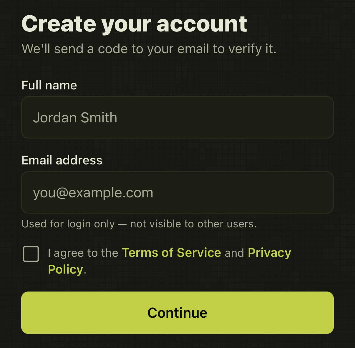 Create your account form with full name and email address fields