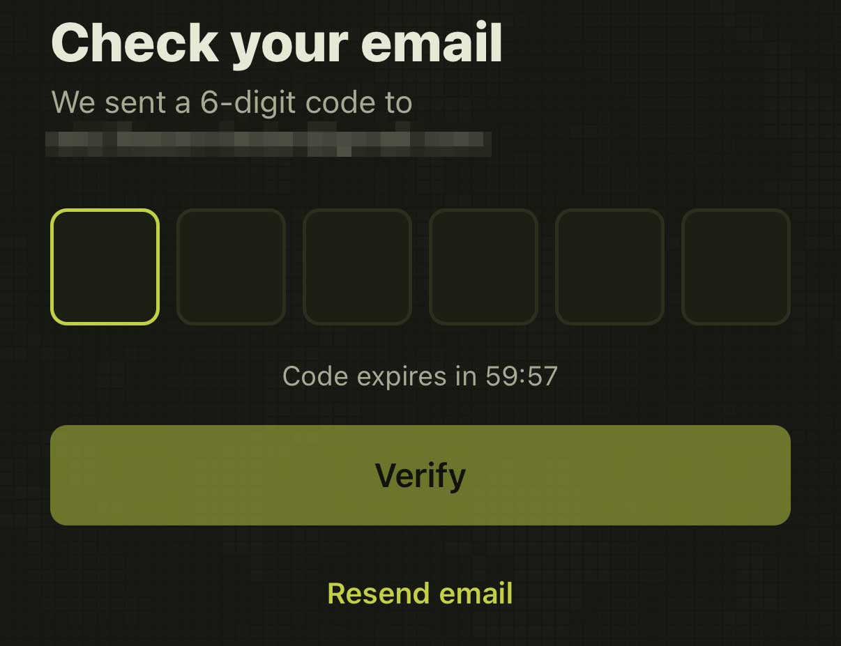 Check your email screen with six boxes for entering the verification code