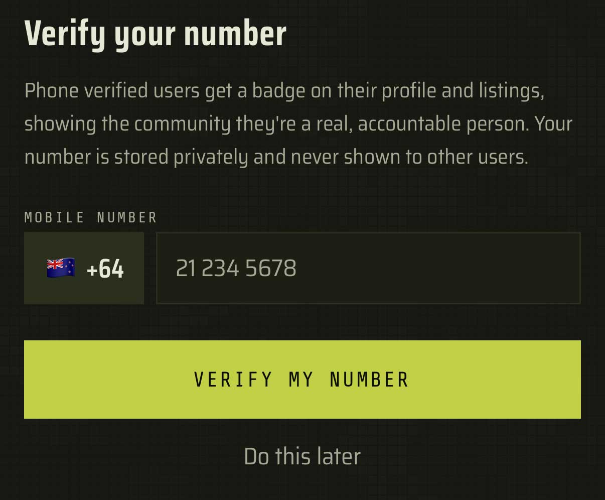 Verify your number screen with a New Zealand mobile number field
