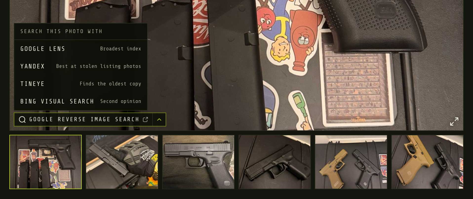 A TradeSoft listing photo of a pistol replica and magazines, with a Google reverse image search button on it and the Search this photo with panel open above, listing Google Lens as the broadest index, Yandex as best at stolen listing photos, TinEye for the oldest copy and Bing Visual Search for a second opinion