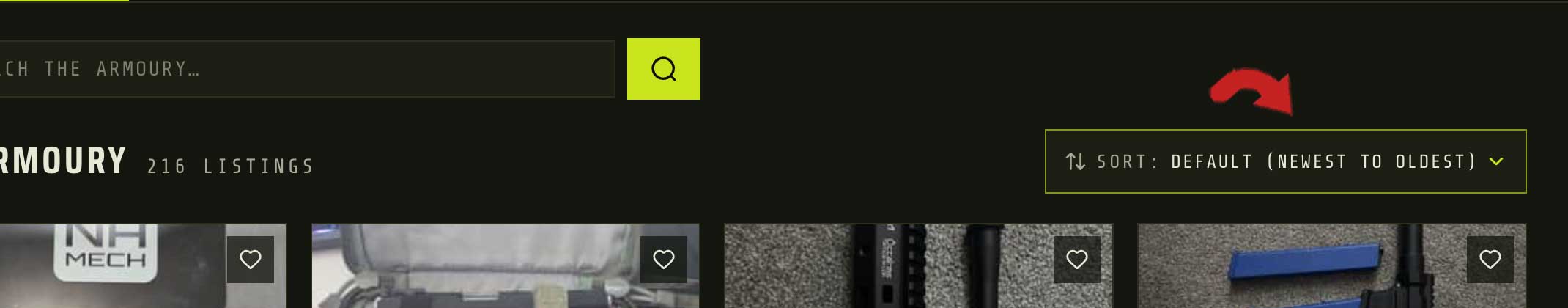 The top of the TradeSoft Armoury browse page showing 216 listings, with the Sort control set to Default newest to oldest sitting to the right of the listing count