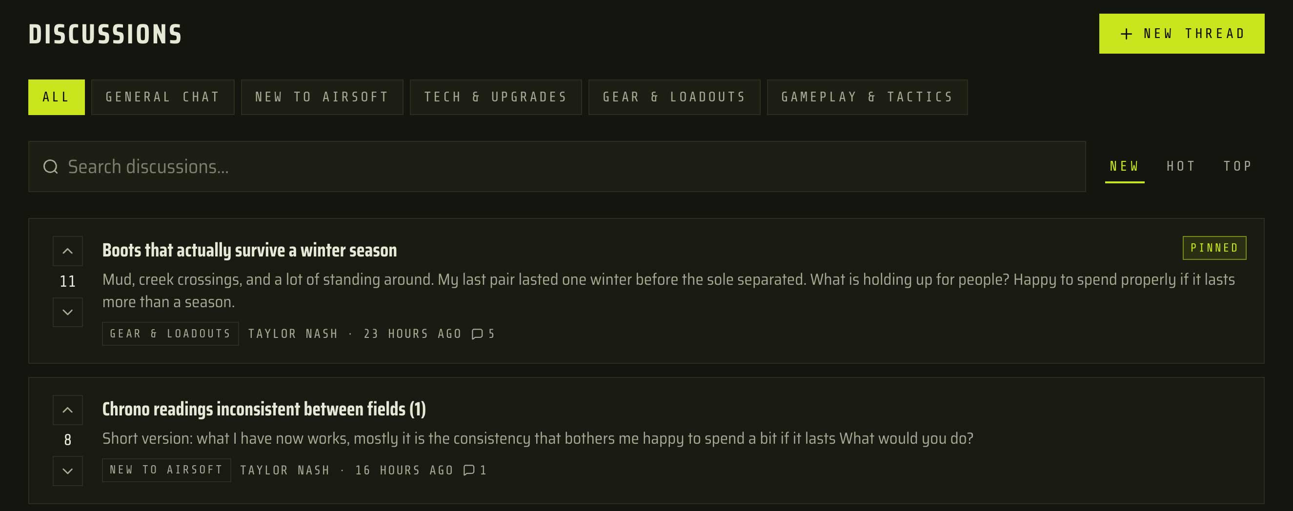 The Discussions board in the TradeSoft web app, showing the category filter chips, a Search discussions field, the New, Hot and Top sort tabs, and two thread rows with vote controls, category, author, age and reply count