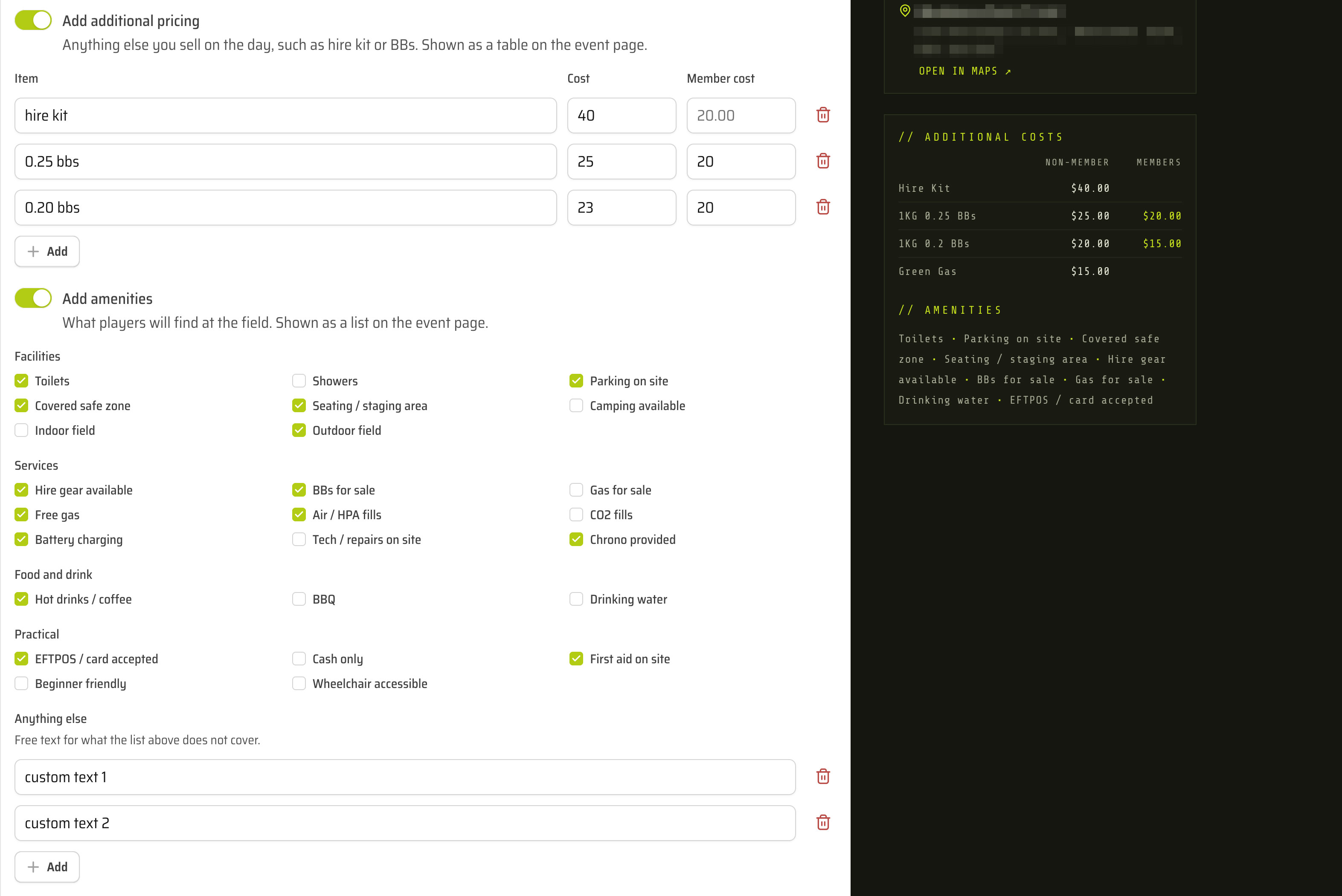 The TradeSoft event setup form with both new toggles turned on: additional pricing rows for hire kit and two grades of BBs with a cost and member cost each, and the amenities tick boxes grouped into Facilities, Services, Food and drink and Practical, beside the finished event page showing an additional costs table with Non-member and Members columns and a bullet-separated amenities line