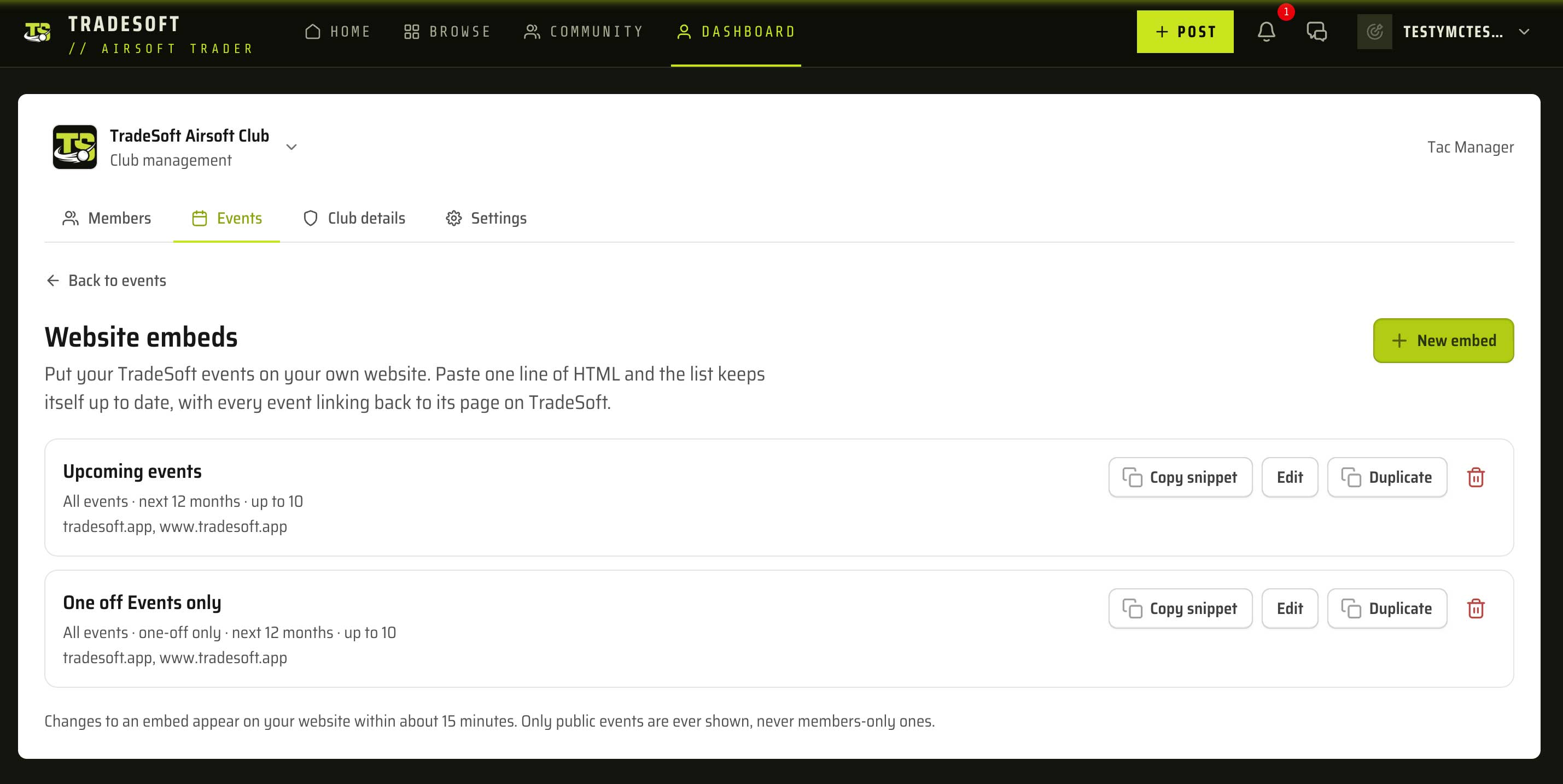 The Website embeds page in the TradeSoft club dashboard, listing two embeds, one showing all events and one showing one-off events only, each with buttons to copy its snippet, edit or duplicate it