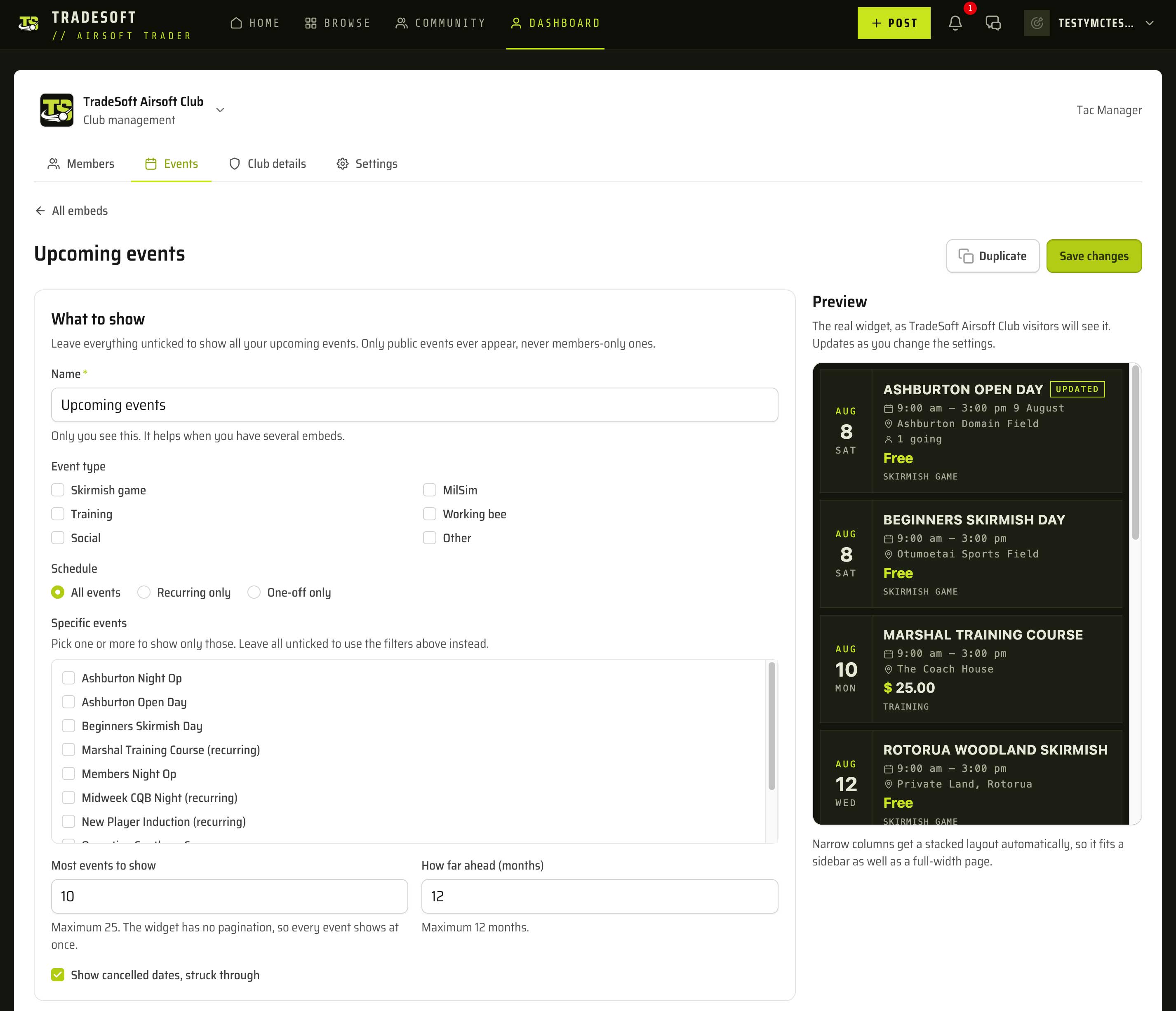 The embed settings in the TradeSoft club dashboard, showing filters for event type and schedule, a list of specific events to pick from, fields for how many events to show and how far ahead to look, and a live preview of the widget beside them