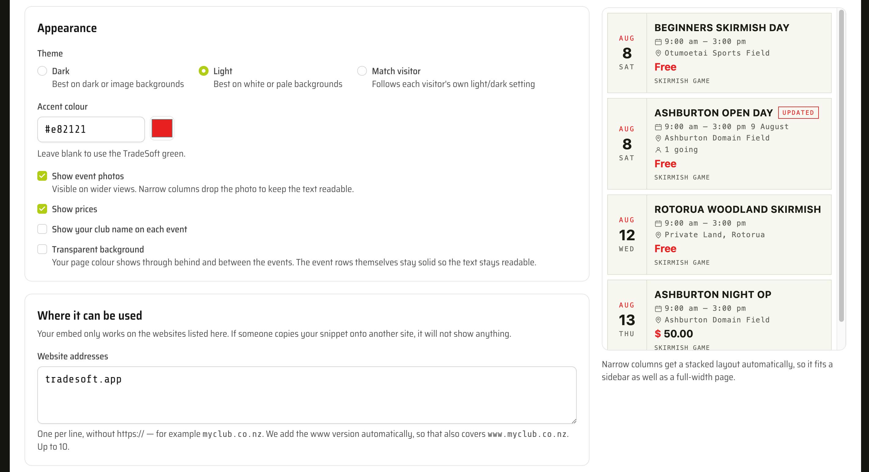 The appearance settings for a TradeSoft events embed, with the light theme and a red accent colour selected, and the preview beside it showing the events in that light theme