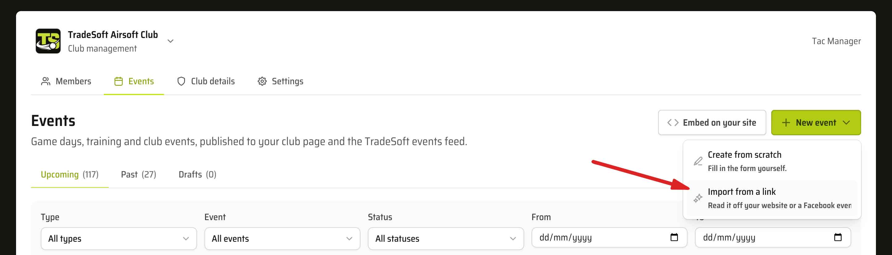 The Events page in the TradeSoft club dashboard with the New event menu open, showing two options: Create from scratch, and Import from a link