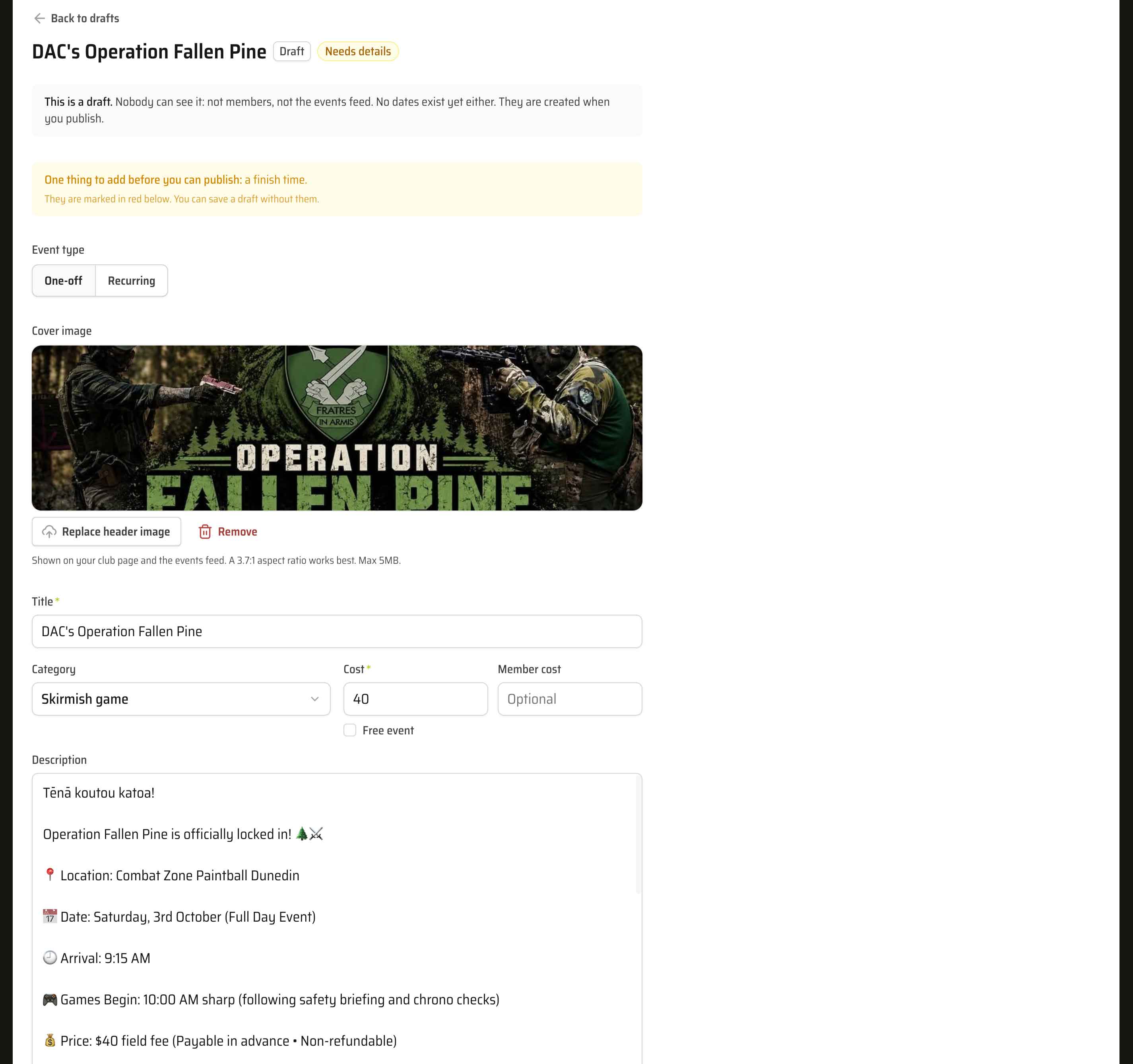 An imported event draft marked Draft and Needs details, with a notice at the top saying one thing to add before you can publish, a finish time, and the rest of the form filled in with the cover image, title, category, cost and description read from the Facebook event