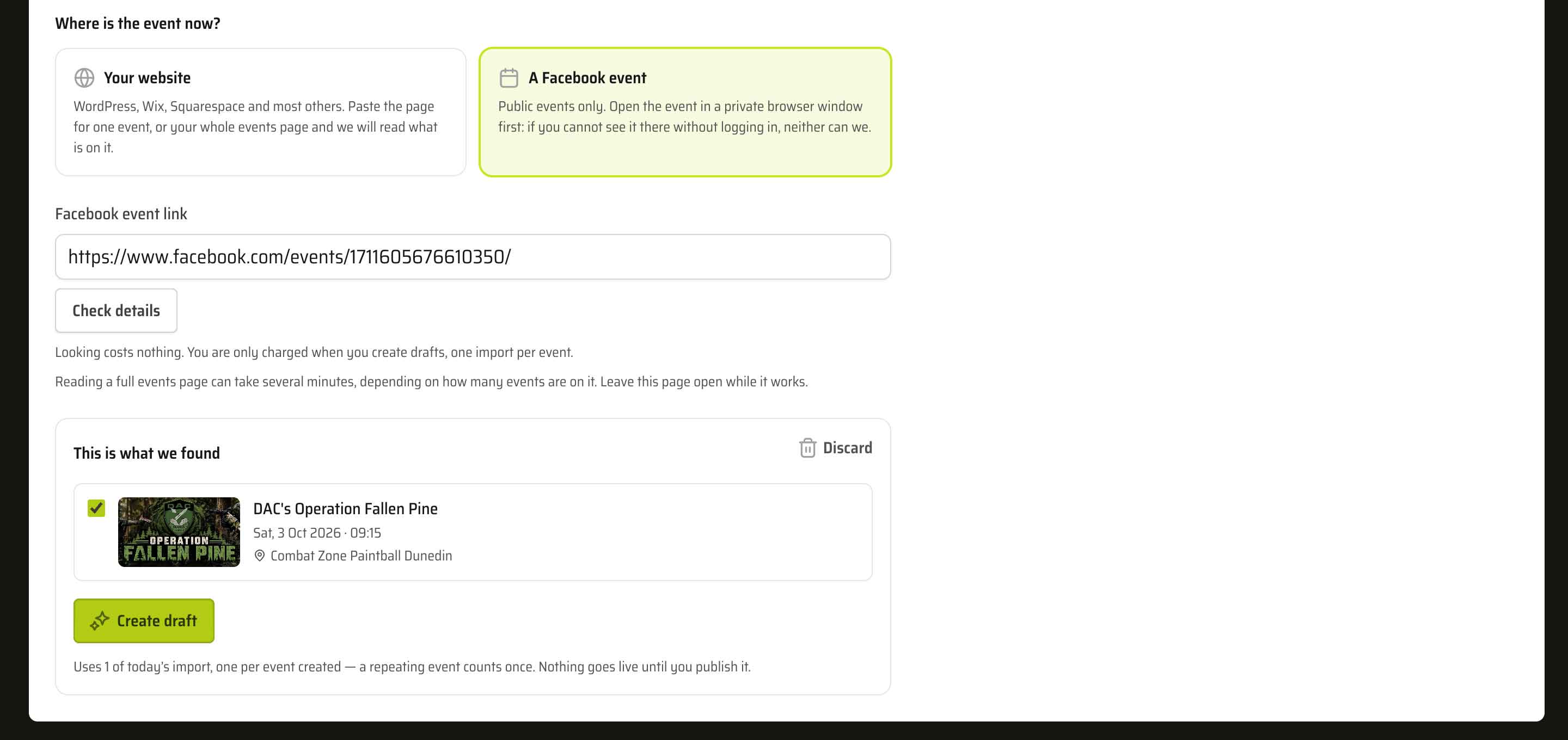 A Facebook event link pasted into the import form, with the found event shown below it: its cover image, title, date, start time and venue, ticked and ready to become a draft