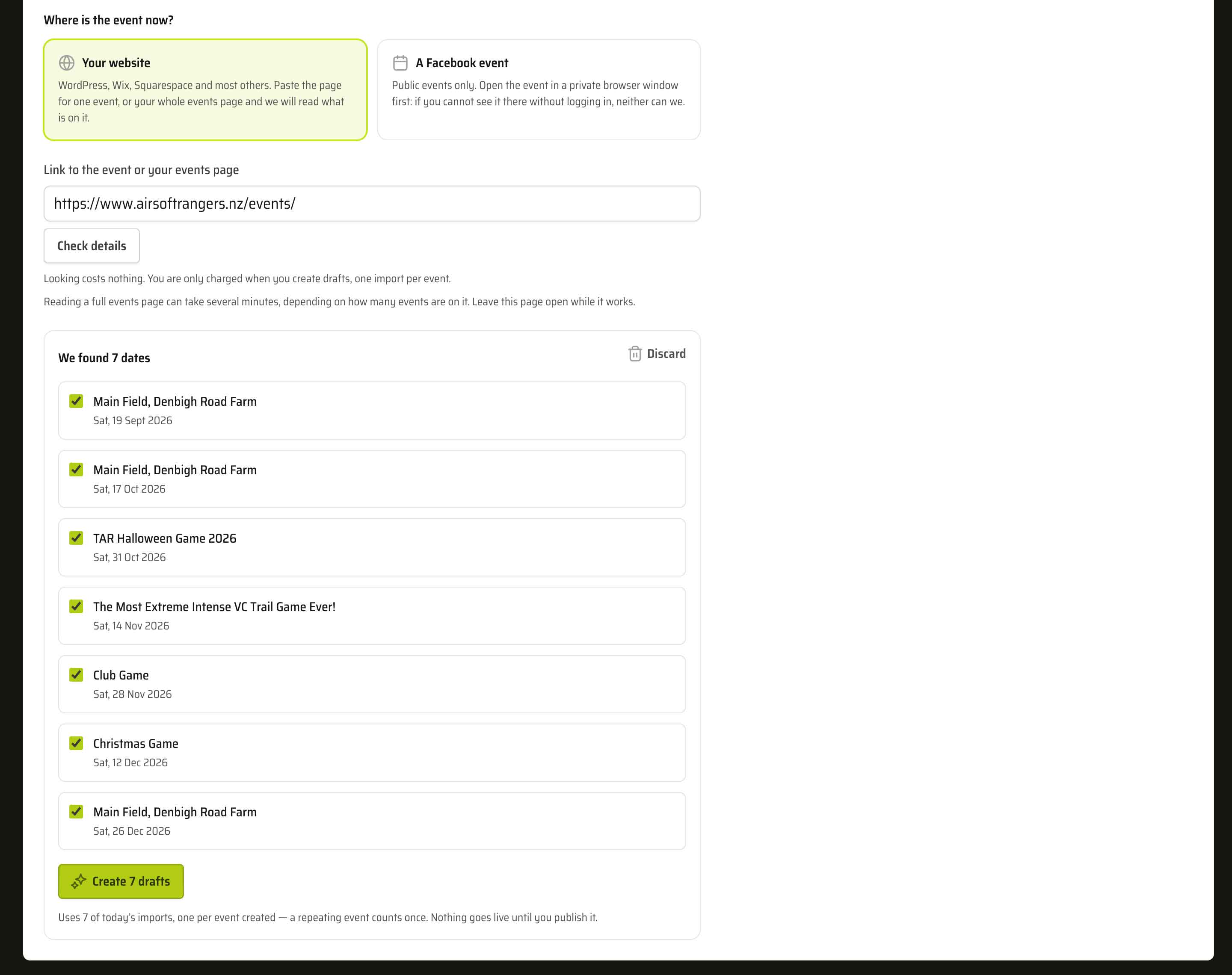 A club events page address pasted into the import form, with seven dates found and listed below it, every one ticked, and a Create 7 drafts button at the bottom
