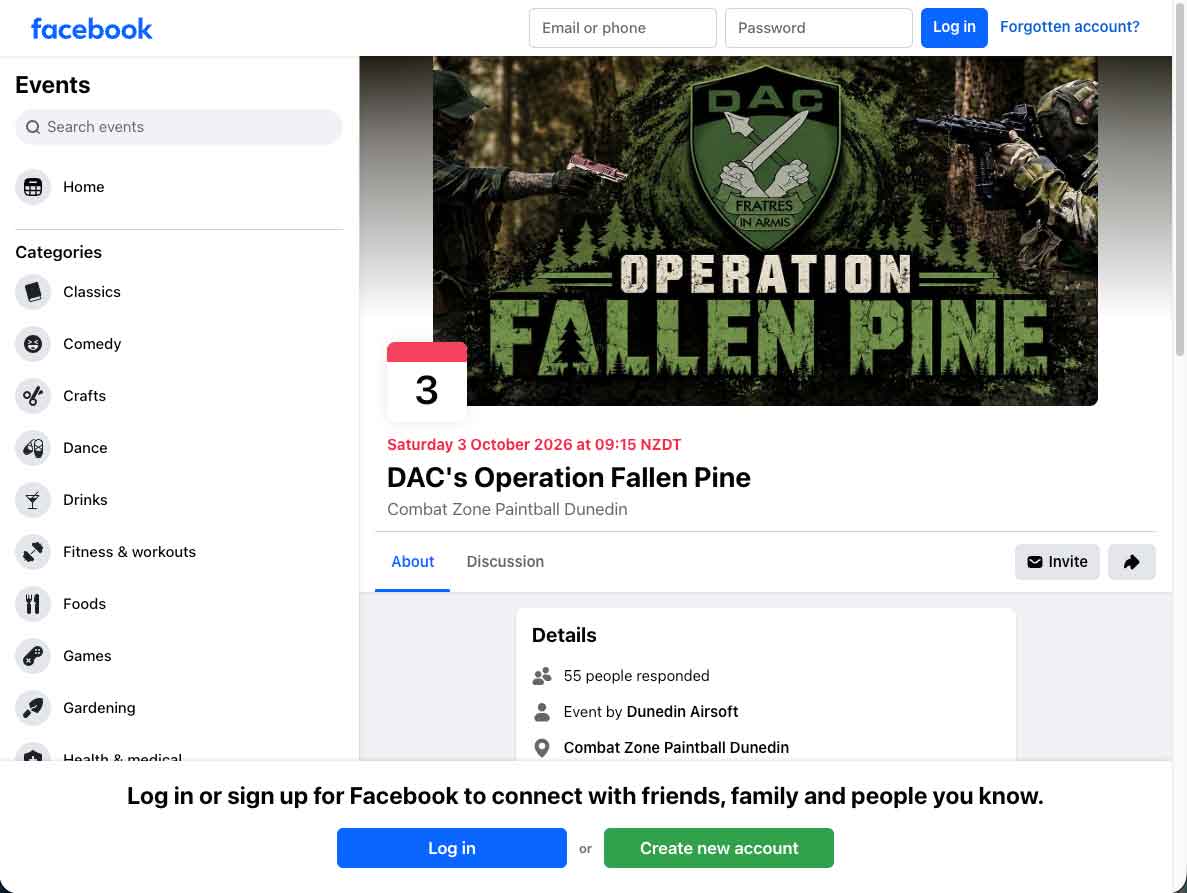 A Facebook event page viewed while logged out, still showing the event cover image, title, date, time, venue and details