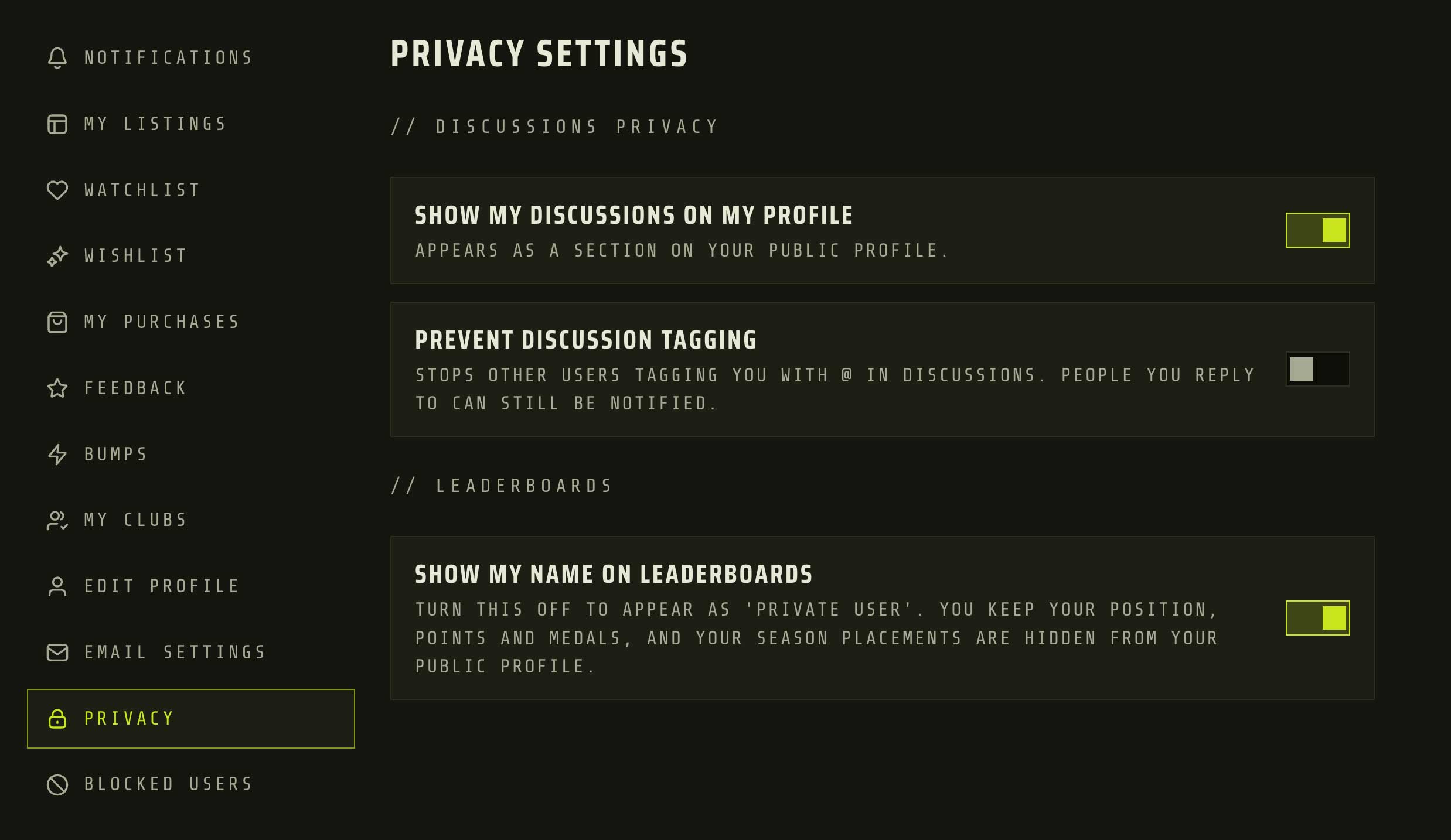 The Privacy settings page in the TradeSoft dashboard, showing a Leaderboards section with the Show my name on leaderboards toggle switched on, above the Discussions privacy toggles