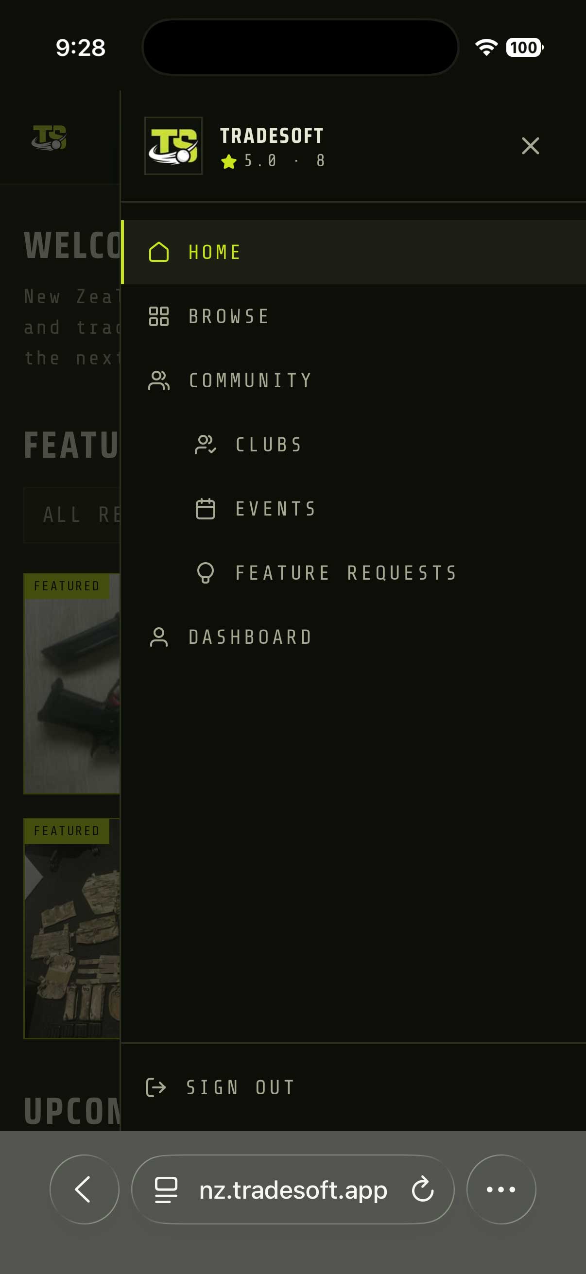 The TradeSoft web app on a phone with the slide-out navigation menu open, showing Home, Browse, Community with Clubs, Events and Feature Requests nested under it, Dashboard, and Sign out at the bottom