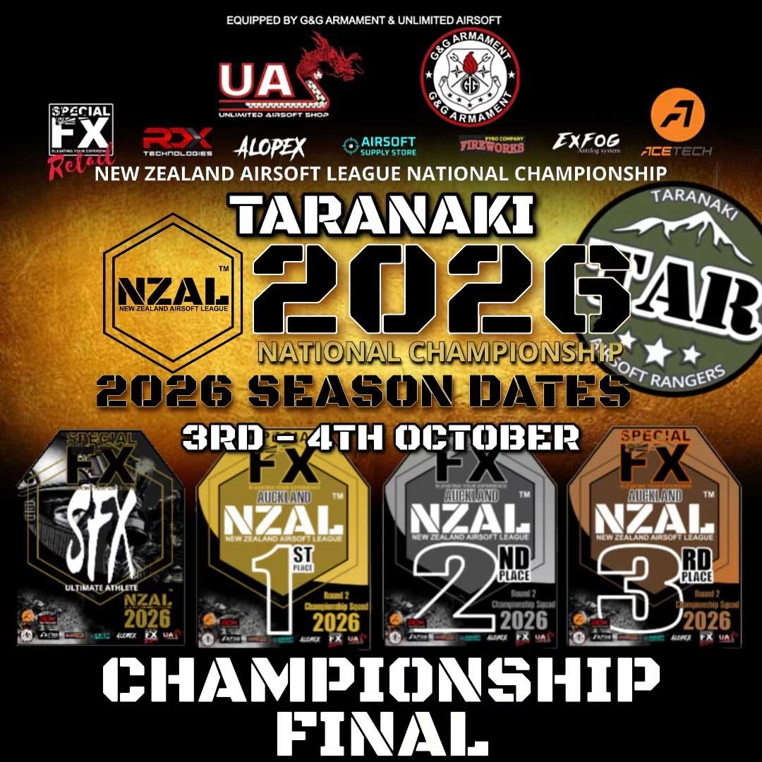 Poster for the NZAL National Championship final, round 3, held on 3 and 4 October at Taranaki Airsoft Rangers