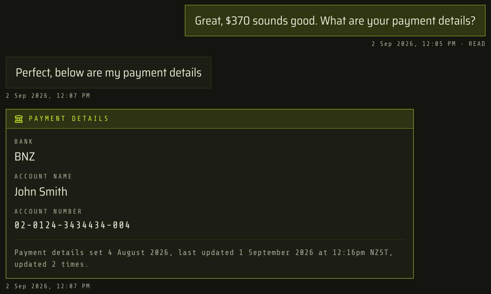 A TradeSoft conversation where a buyer asks for payment details and the seller sends a Payment Details card showing the bank, account name and account number, with a line underneath reading Payment details set 4 August 2026, last updated 1 September 2026 at 12:16pm NZST, updated 2 times