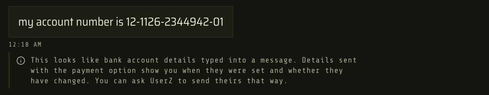 A TradeSoft message reading my account number is 12-1126-2344942-01, with a note underneath saying this looks like bank account details typed into a message and that details sent with the payment option show when they were set and whether they have changed