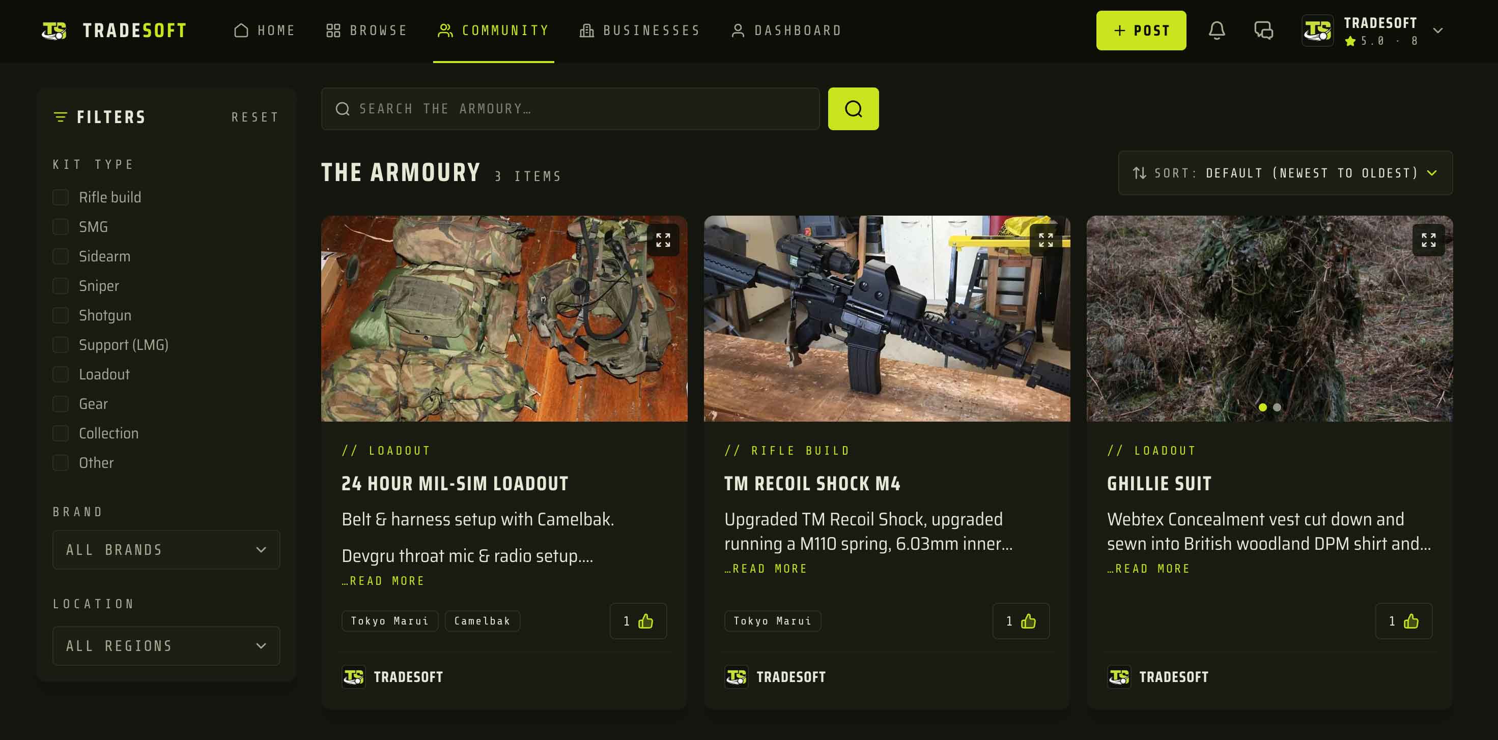 The Armoury feed on the TradeSoft web app, with kit type, brand and location filters on the left, a search bar, a sort menu, and item cards showing kit type, brand tags and upvotes