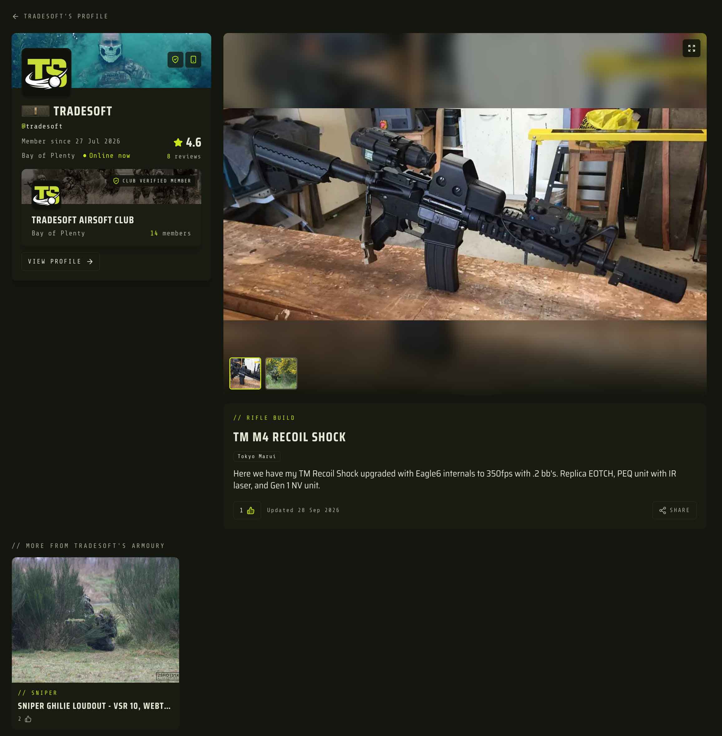 A shared Armoury item page on the TradeSoft web app, showing a rifle build with its photos, kit type, brand, description, upvotes and a Share button, the owner's player card and club card beside it, and more items from their Armoury below