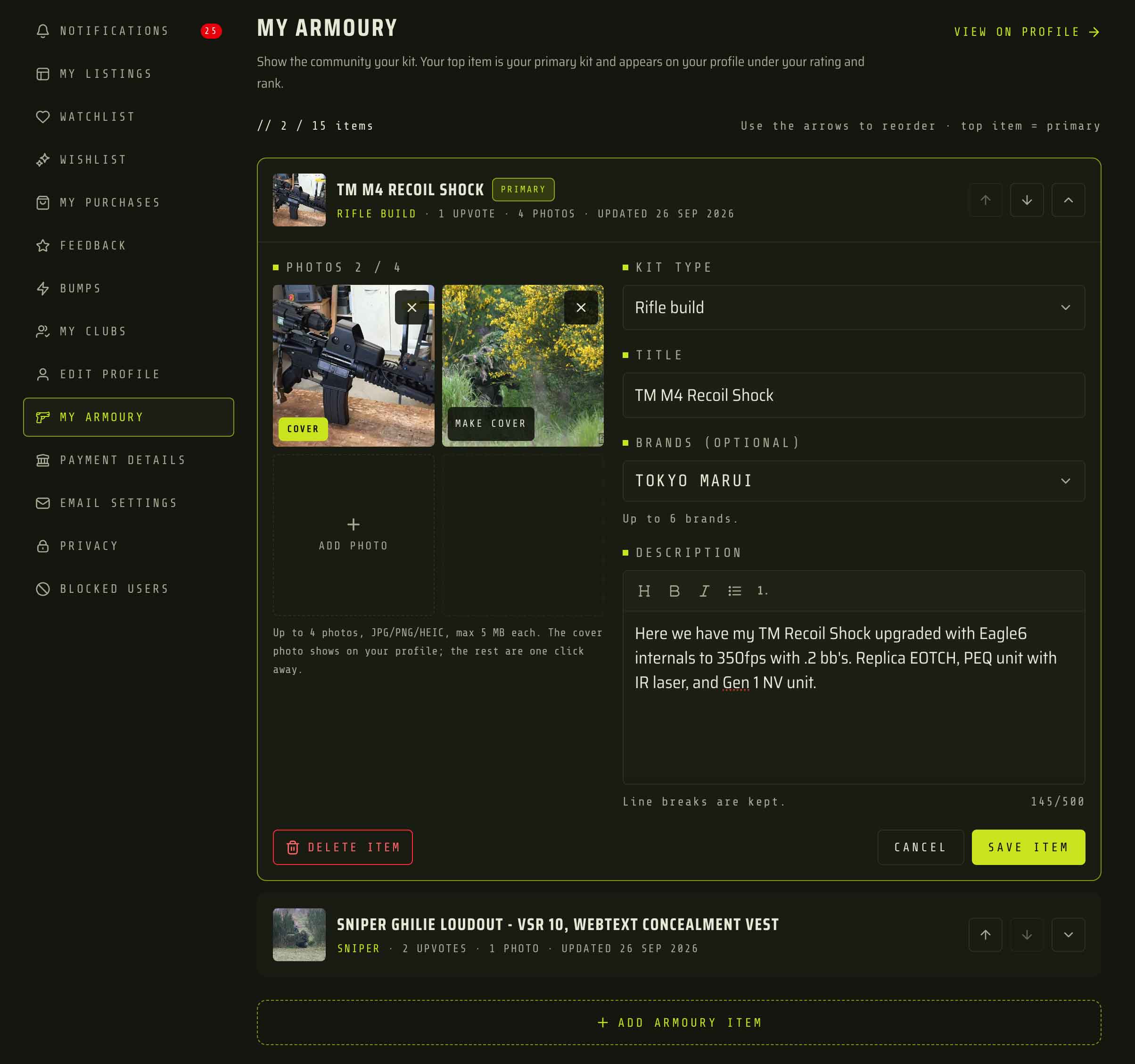 The My Armoury screen on the TradeSoft web app, editing a rifle build marked PRIMARY, with two photos (one marked Cover), the kit type, title, brands and description fields, and the arrows for reordering items