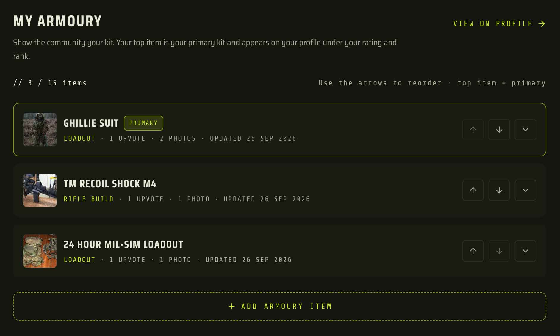 The My Armoury screen on the TradeSoft web app, showing 3 of 15 items, the top item marked PRIMARY, and arrows for reordering each item