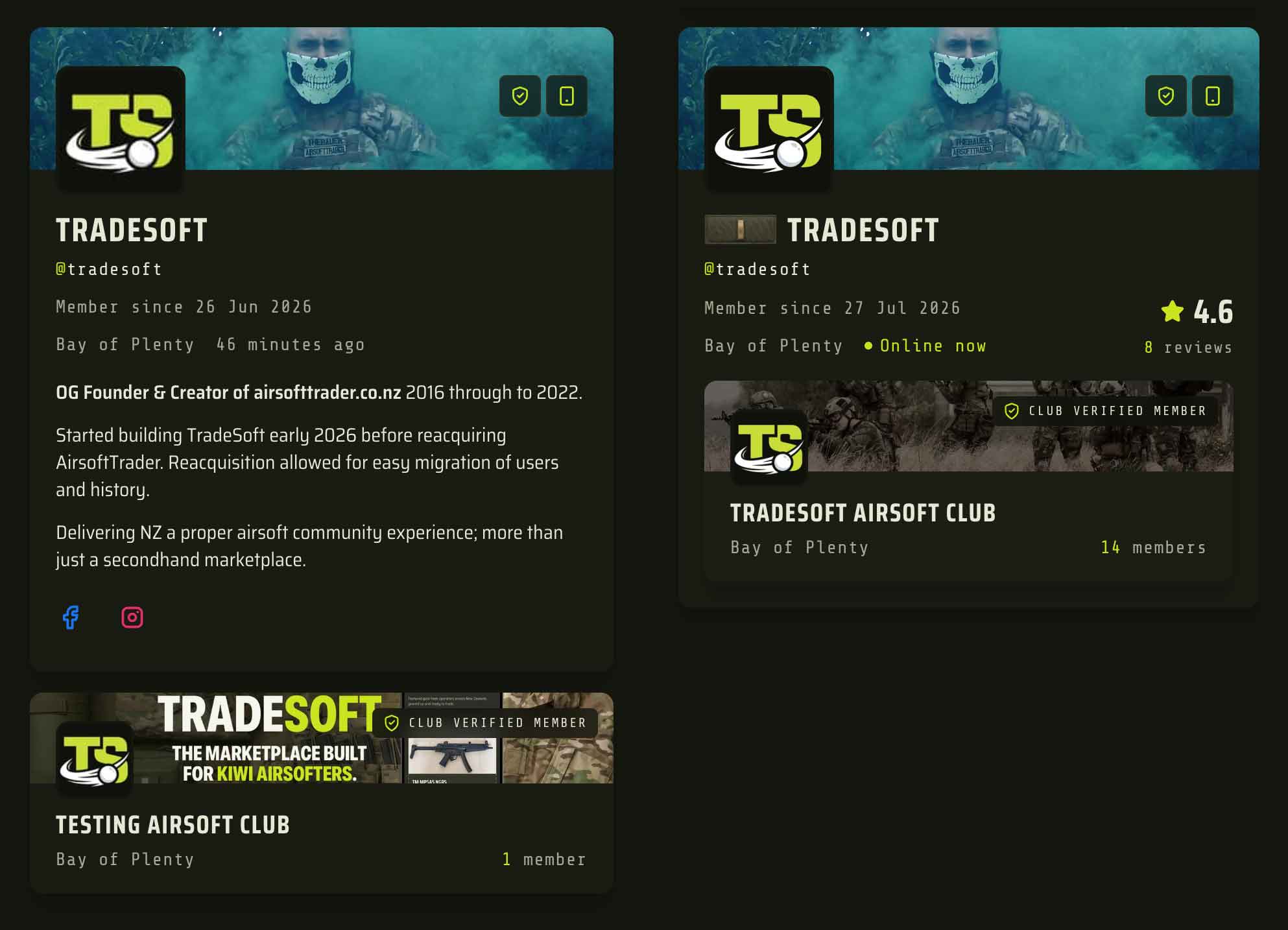 Two TradeSoft cards side by side: on the left, the player card and club verified card as they appear on a profile, and on the right, the compact seller card shown on listings, with a rank insignia, star rating, review count and the club card inside it