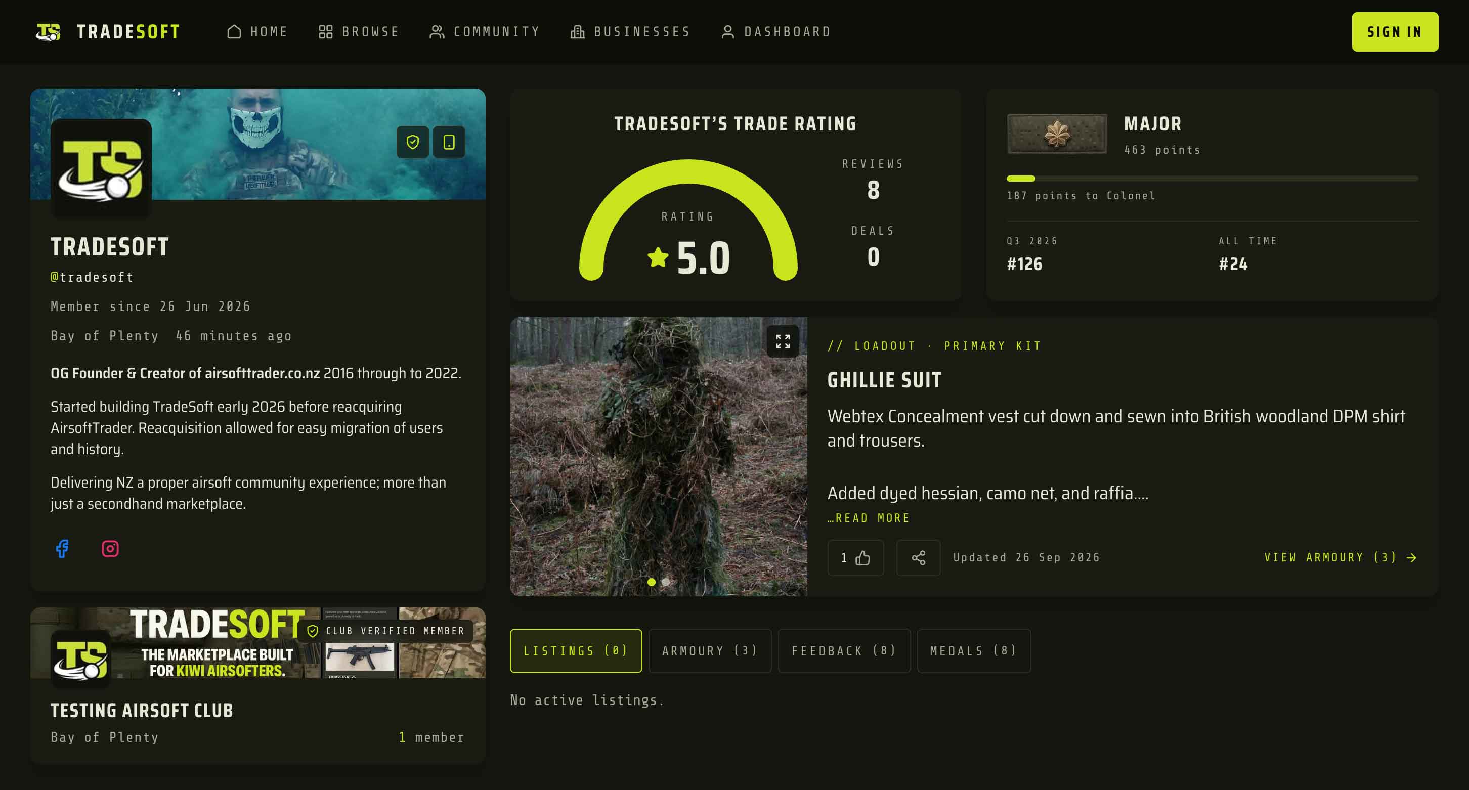 A redesigned TradeSoft profile on the web app, with the player card and a club verified card on the left, the trade rating and rank cards beside them, the primary kit card below, and tabs for listings, Armoury, feedback and medals