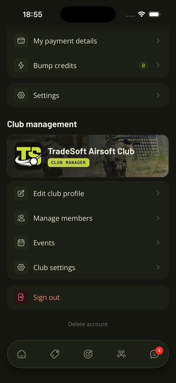 The Club management section of the Account screen in the TradeSoft app, with a club card and Edit club profile, Manage members, Events and Club settings