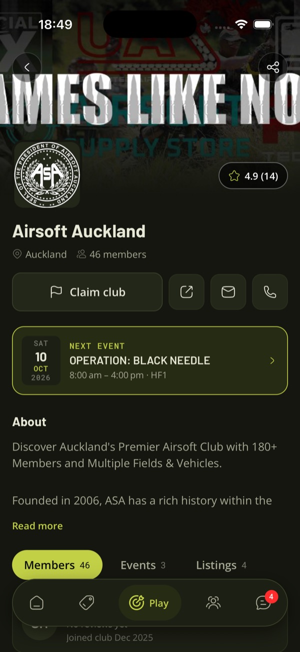 A club page in the TradeSoft app, showing the next event, an About section, and Members, Events and Listings tabs