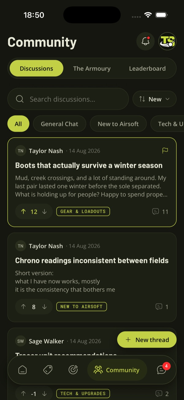 Community, Discussions in the TradeSoft app, with topic filters and vote counts on each discussion