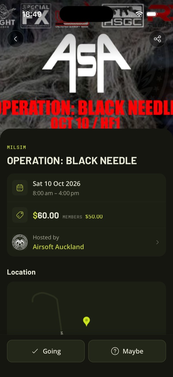An event page in the TradeSoft app, with the date, member pricing, the host club and Going and Maybe buttons