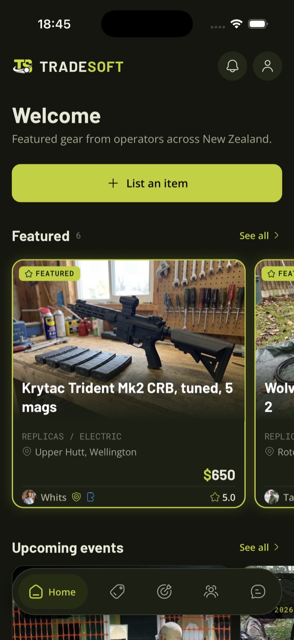 The TradeSoft app Home tab, with a welcome message, a List an item button, featured listings and upcoming events