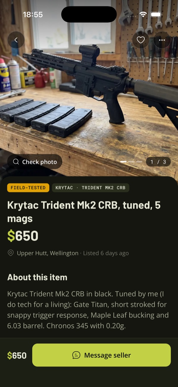 A listing in the TradeSoft app, with a large photo, a Check photo button, the price and a Message seller button