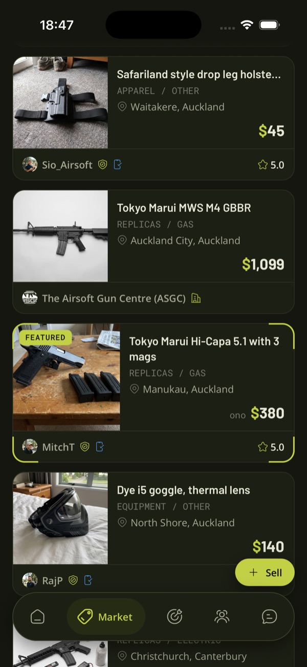 Listing cards in the TradeSoft Market tab, each showing a photo, price, location, seller and rating
