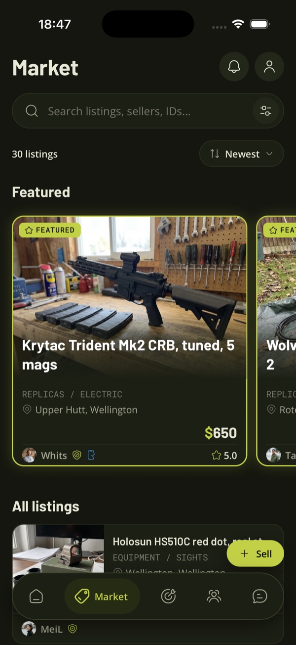 The Market tab in the TradeSoft app, with a search bar, a sort menu, a featured listings carousel and the start of All listings