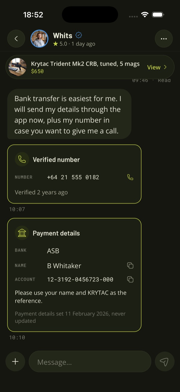 A message thread in the TradeSoft app, showing a verified phone number and a payment details card