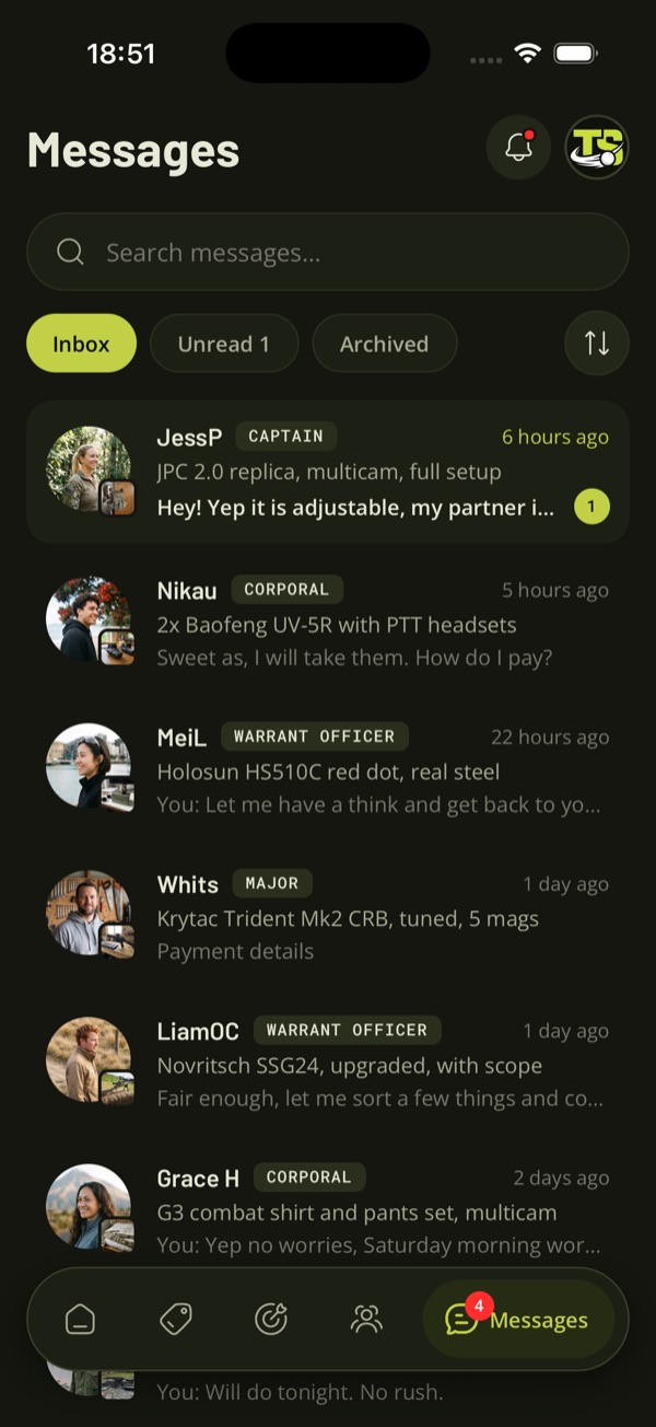 The Messages inbox in the TradeSoft app, with Inbox, Unread and Archived tabs