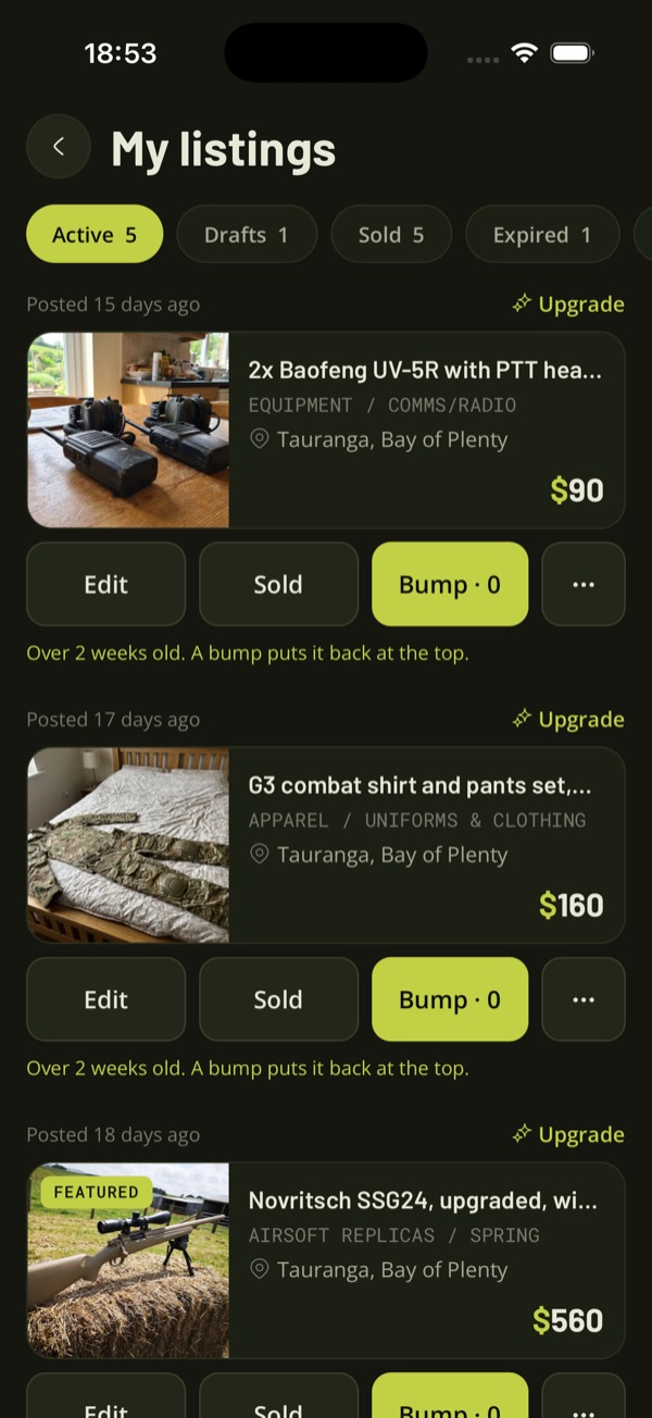 My listings in the TradeSoft app, with Active, Drafts, Sold and Expired tabs and Edit, Sold and Bump buttons on each listing