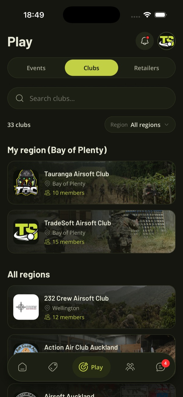Play, Clubs in the TradeSoft app, with clubs in My region listed above All regions