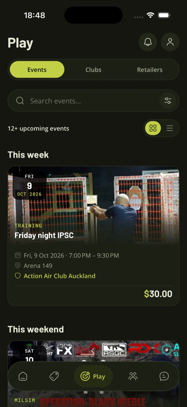 Play, Events in the TradeSoft app, with upcoming games grouped under This week and This weekend