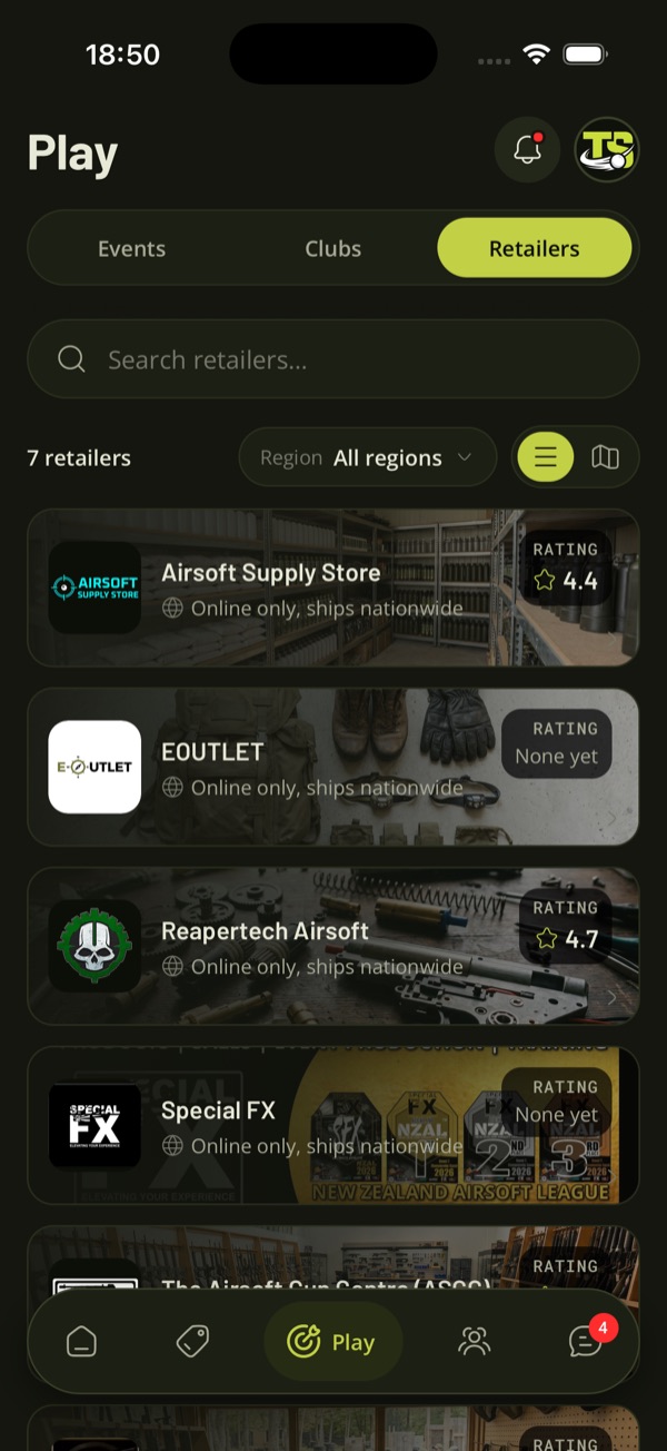 Play, Retailers in the TradeSoft app, as a list with ratings and a toggle to switch to a map