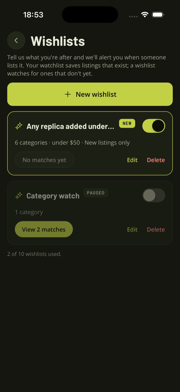 The Wishlists screen in the TradeSoft app, with an on and off switch for each wishlist