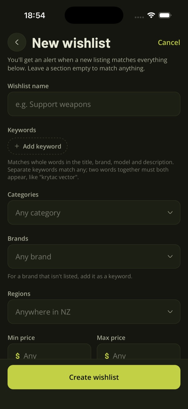 The New wishlist form in the TradeSoft app