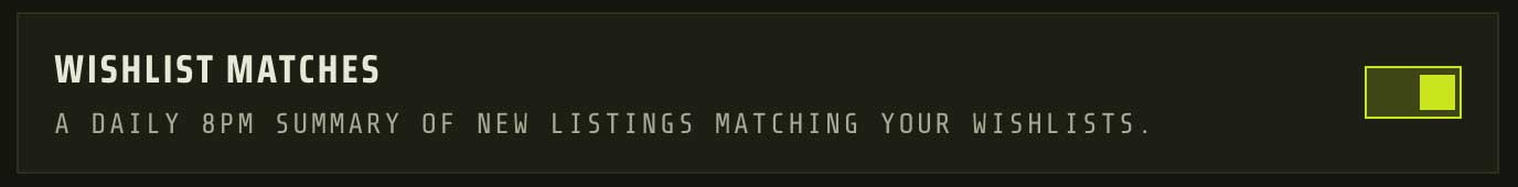 The Wishlist matches row on the Email settings page in the TradeSoft web app, described as a daily 8pm summary of new listings matching your wishlists, with its toggle switched on