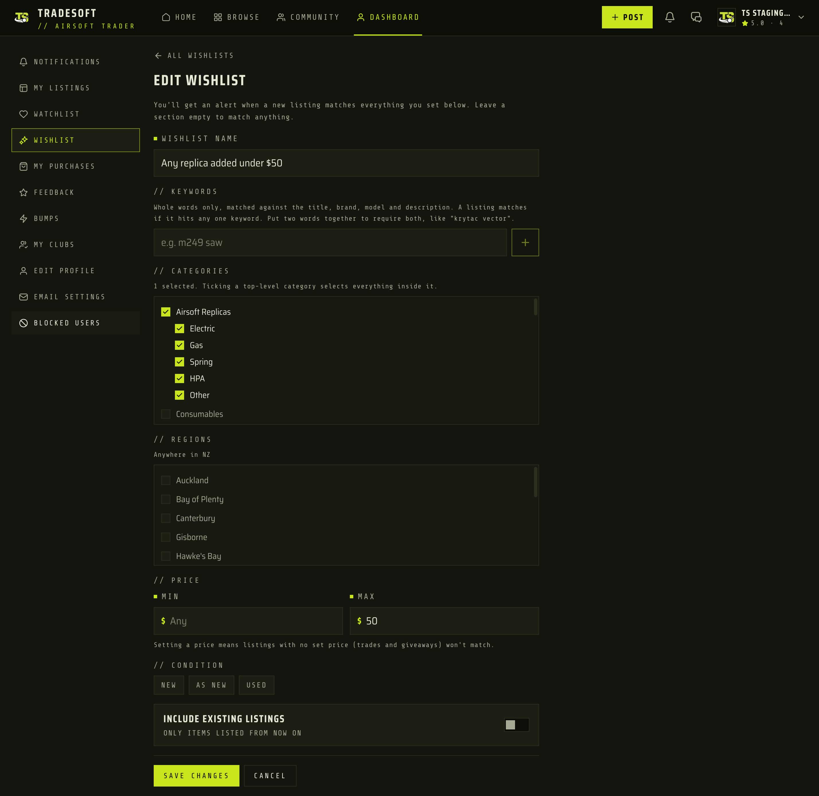 The wishlist form in the TradeSoft web app, showing the Wishlist name field followed by the Keywords, Categories, Regions, Price and Condition sections, an Include existing listings toggle, and Save changes and Cancel buttons